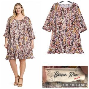 Beeson River Plus Burgundy Floral Ruffle Hem Dress 3/4 Sleeve Women’s XX-Large